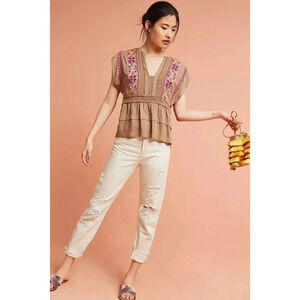 Anthropologie Blank London Sedona Embellished Embroidered Short Sleeve Top in Mo